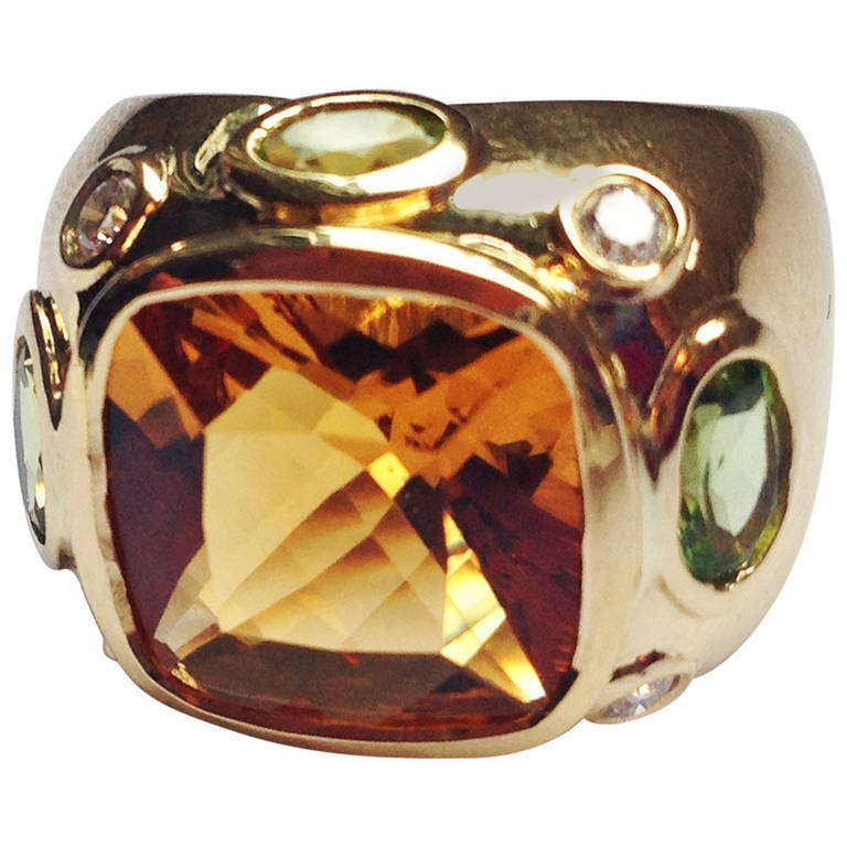 Bonheur Domed Ring with Blue Topaz, Amethyst and Diamond