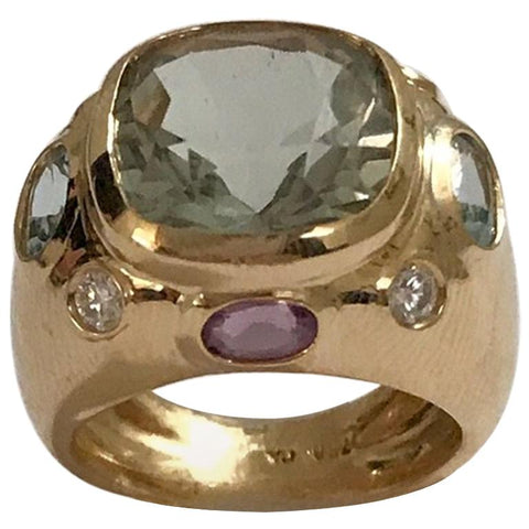 18kt Bonheur Ring with Green Amethyst, Amethyst and Blue Topaz