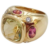 Bonheur Ring, Pink Topaz and Peridot and Diamond Yellow Gold Domed Ring