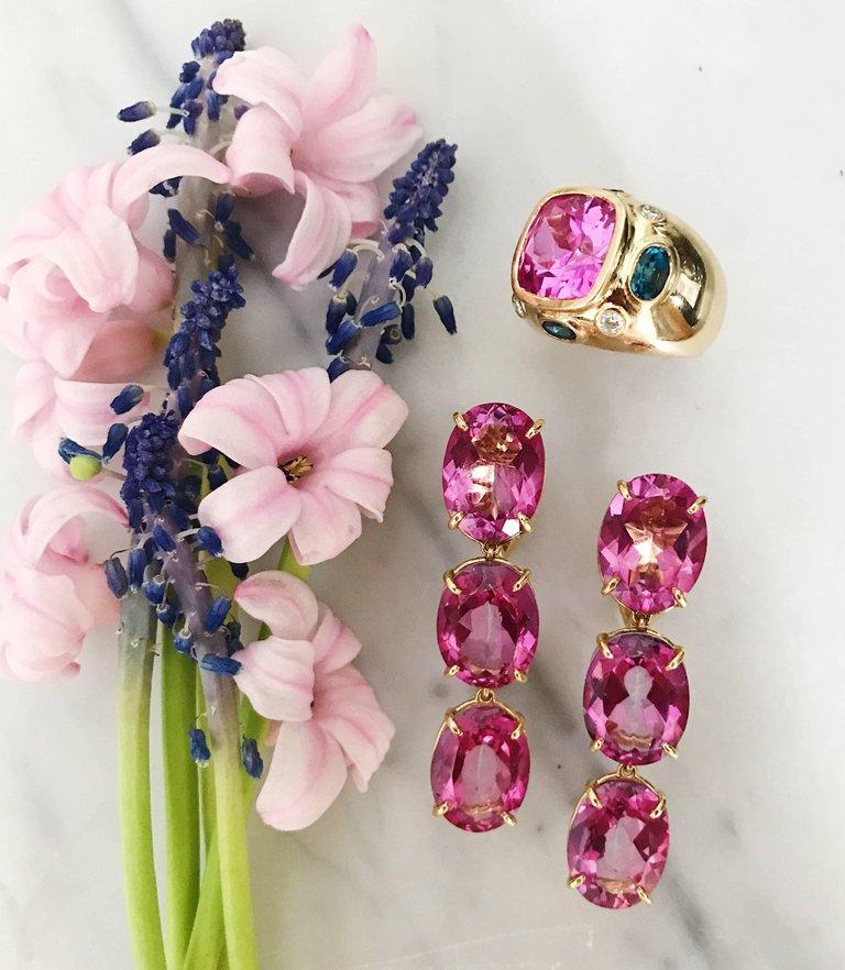 Bonheur Ring, Blue Topaz and Pink Topaz and Diamond Yellow Gold Domed Ring