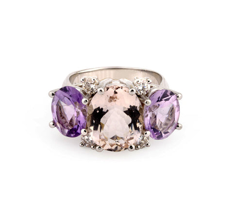 Medium 18kt White Gold Gum Drop Ring with Morganite and Amethyst
