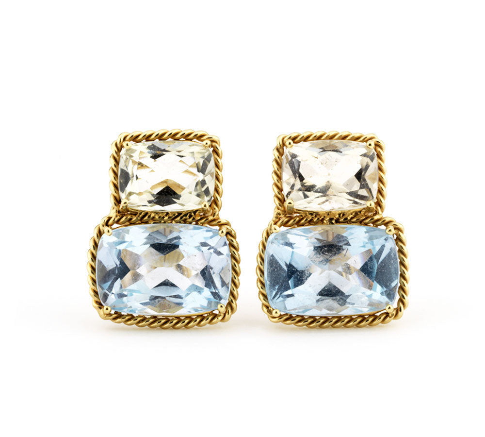 18kt Yellow Gold Light Pink Topaz & Deep Pink Topaz Cushion Cut Earrings with Twisted Rope Border
