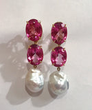 Elegant Three-Stone Drop Earring with Pink Topaz and Baroque Pearl