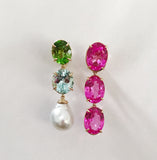 Elegant Three-Stone Drop Earring with Pink Topaz and Baroque Pearl