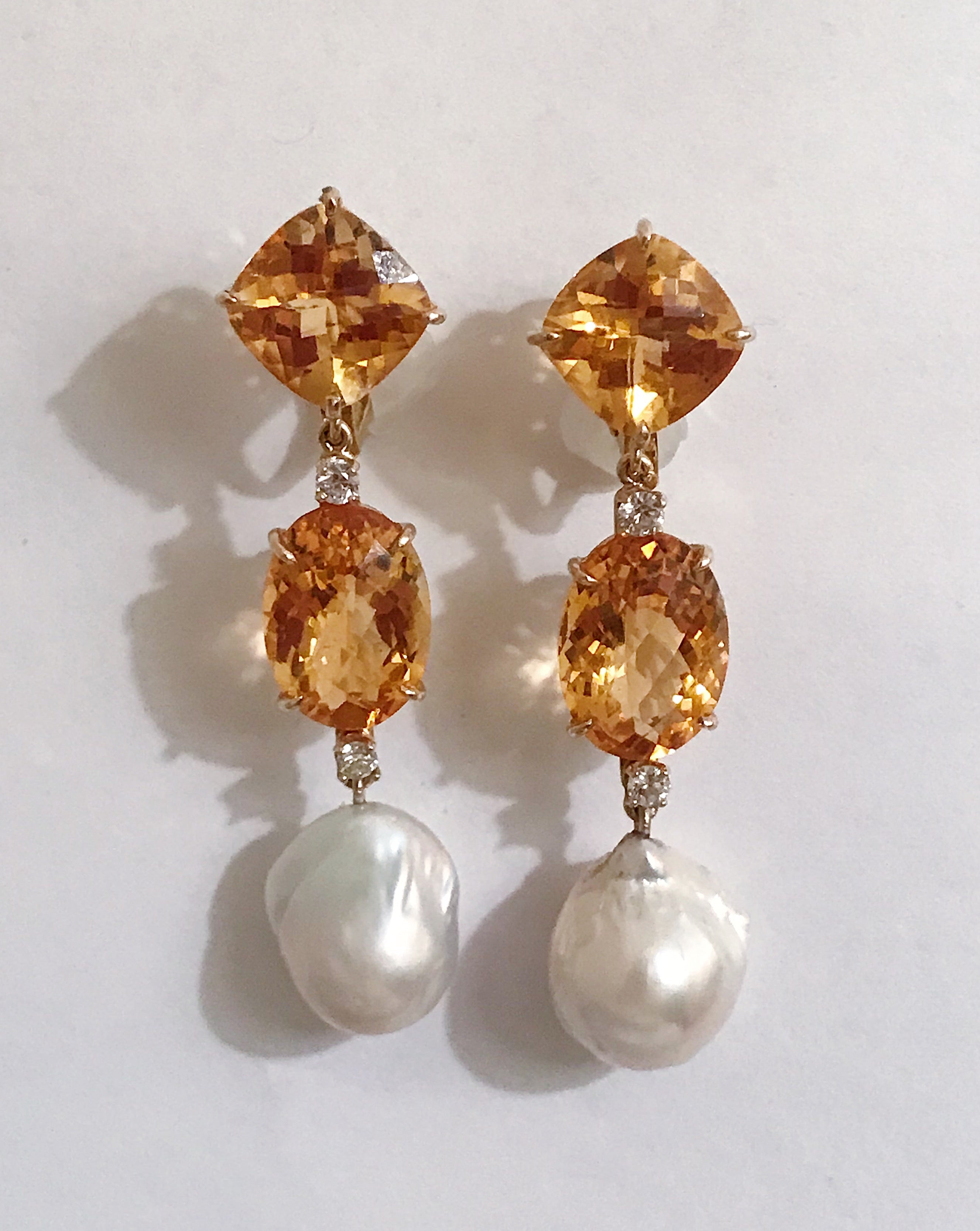 Elegant Three-Stone Drop Earring with Blue Topaz and Baroque Pearl