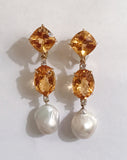 Elegant Three-Stone Drop Earring with Citrine and Baroque Pear and Diamonds