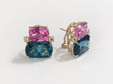 18Kt Yellow Gold Double Cushion Peridot and Blue Topaz Earrings