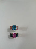18kt Yellow Gold Mini Emerald Cut Ring with Pink Topaz and Blue Topaz