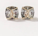 Jumbo Rock Crystal Cushion Stud Earring with Yellow Gold Wire Wrap