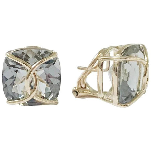 Green Amethyst Cushion Stud Earring with Yellow Gold Wire Wrap
