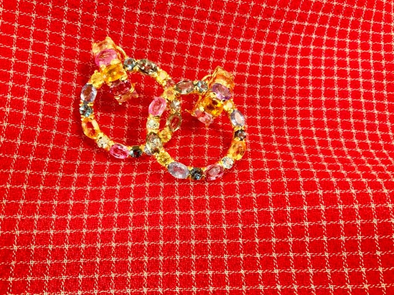 18 Karat Yellow Gold Multi-Color Sapphire Hoop Drop Earring