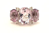 Morganite Iolite Gold Three Stone Cushion Ring