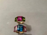 18kt Yellow Gold Mini Emerald Cut Ring with Pink Topaz and Peridot
