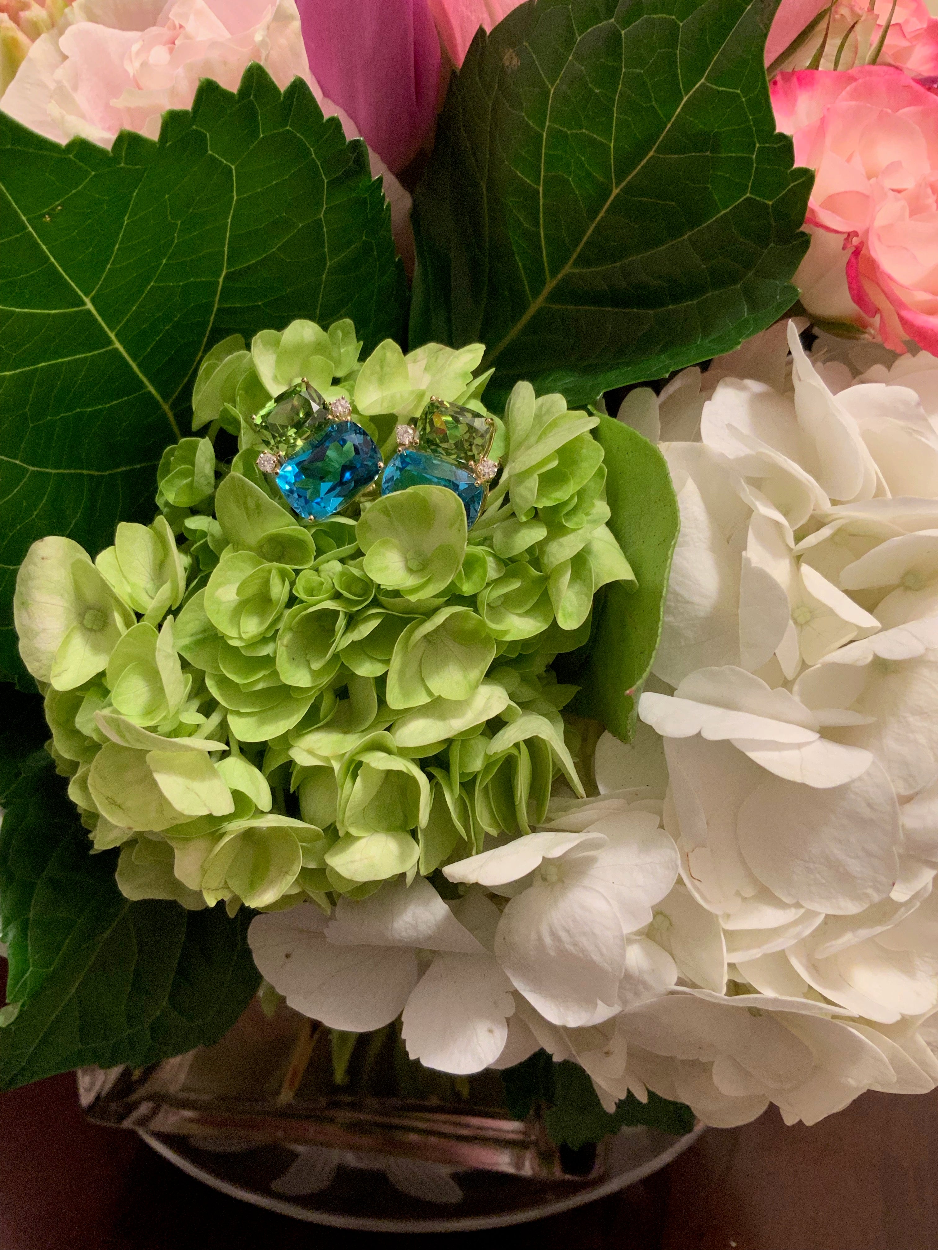 18Kt Yellow Gold Double Cushion Peridot and Blue Topaz Earrings