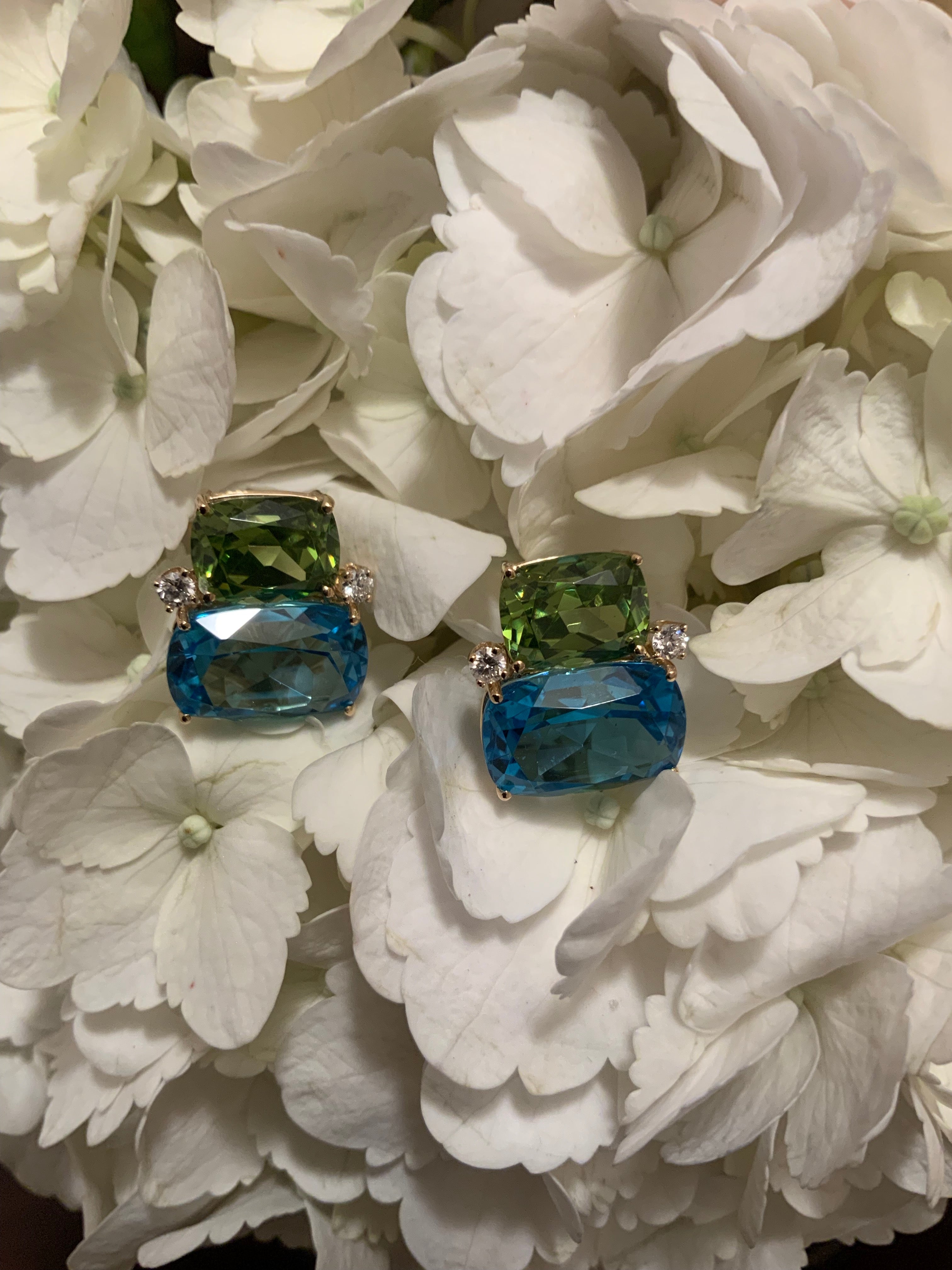 Double Cushion Pink and Blue Topaz Stone Diamond Yellow Gold Earrings