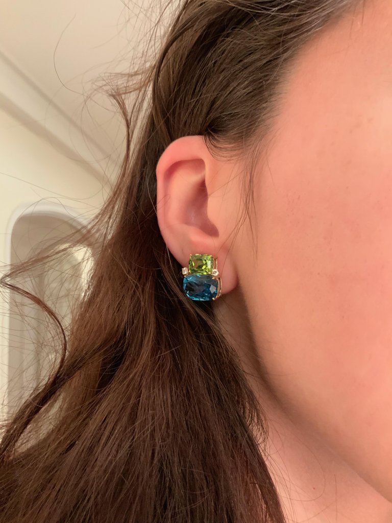 18Kt Yellow Gold Double Cushion Peridot and Blue Topaz Earrings
