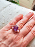 Mini Three-Stone Amethyst Ring and Pink Topaz with Rose Gold Rope Twist Border