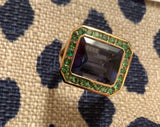 Yellow Gold Bezel Set Ring with Iolite and Surrounding Green Garnet