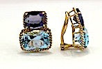 18kt Yellow Gold Medium Cushion Cut Earring with Rope Twist Border with Iolite and Blue Topaz