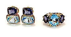 18kt Yellow Gold Cushion Cut Earring with Rope Twist Border with Blue Topaz and Green Quartz