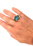 18kt Yellow Gold Medium Gum Drop three stone Ring with Blue Topaz Diamonds