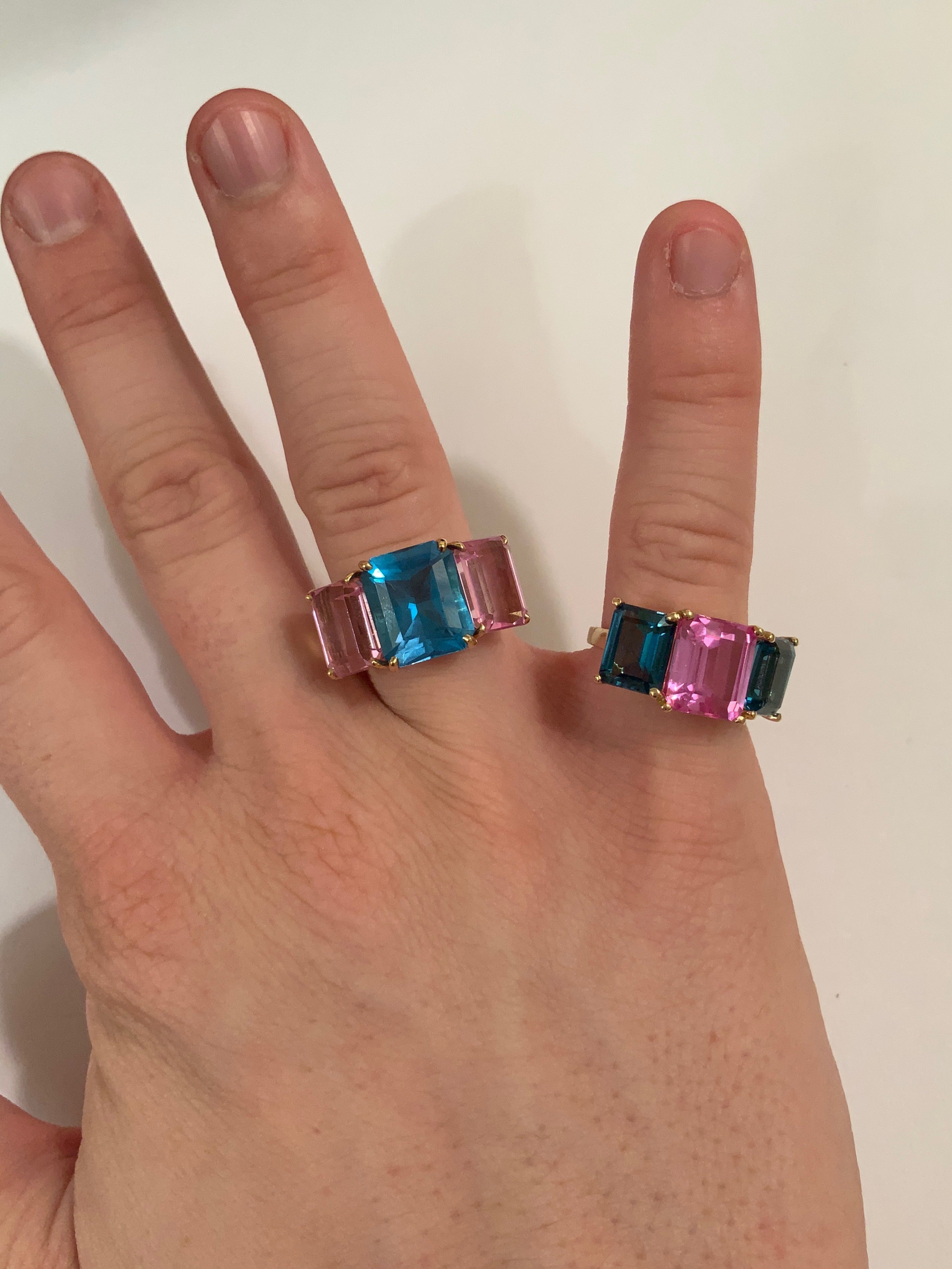 18kt Yellow Gold Emerald Cut Ring with Peridot and Pink Topaz