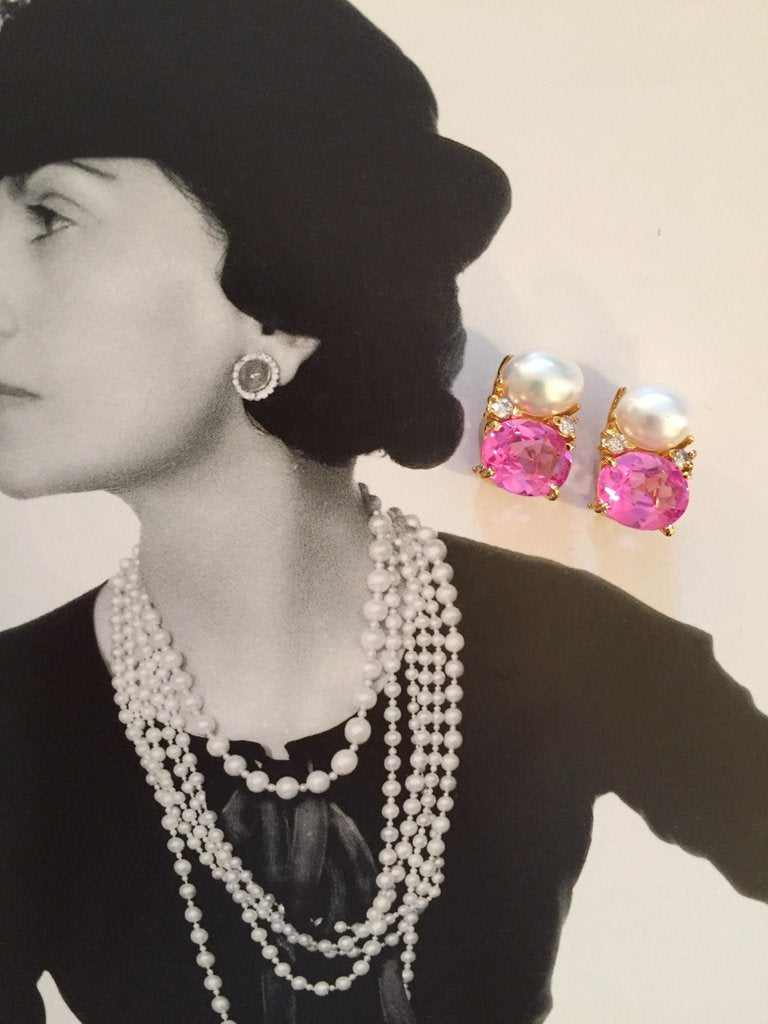 Large GUM DROP™ Earrings with Pearls and Pink Topaz and Diamonds