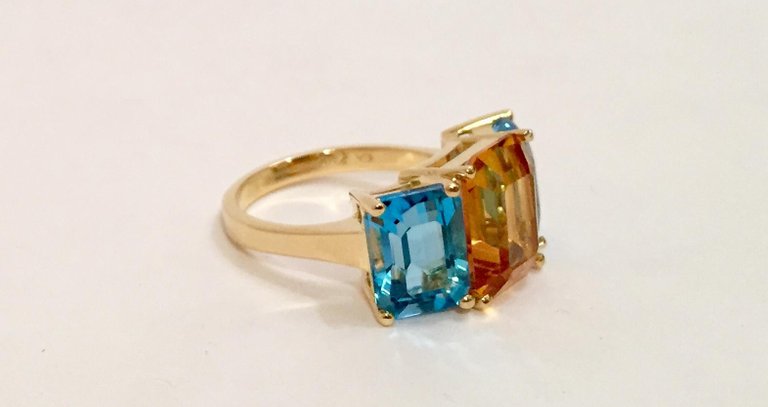 18kt Yellow Gold Mini Emerald Cut Ring with Pink Topaz and Blue Topaz