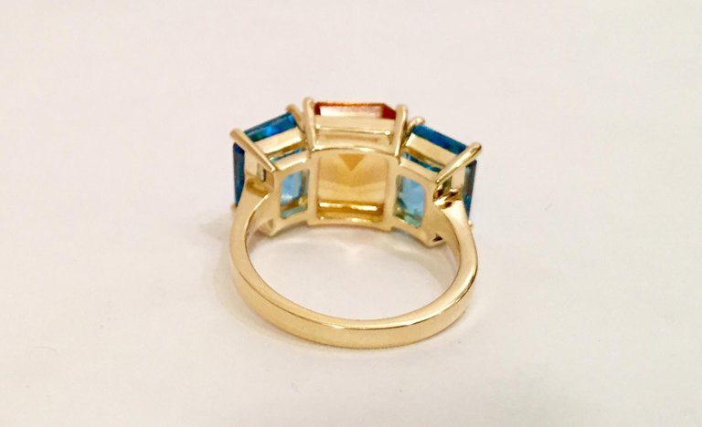 18kt Yellow Gold Mini Emerald Cut Ring with Orange Citrine and Blue Topaz