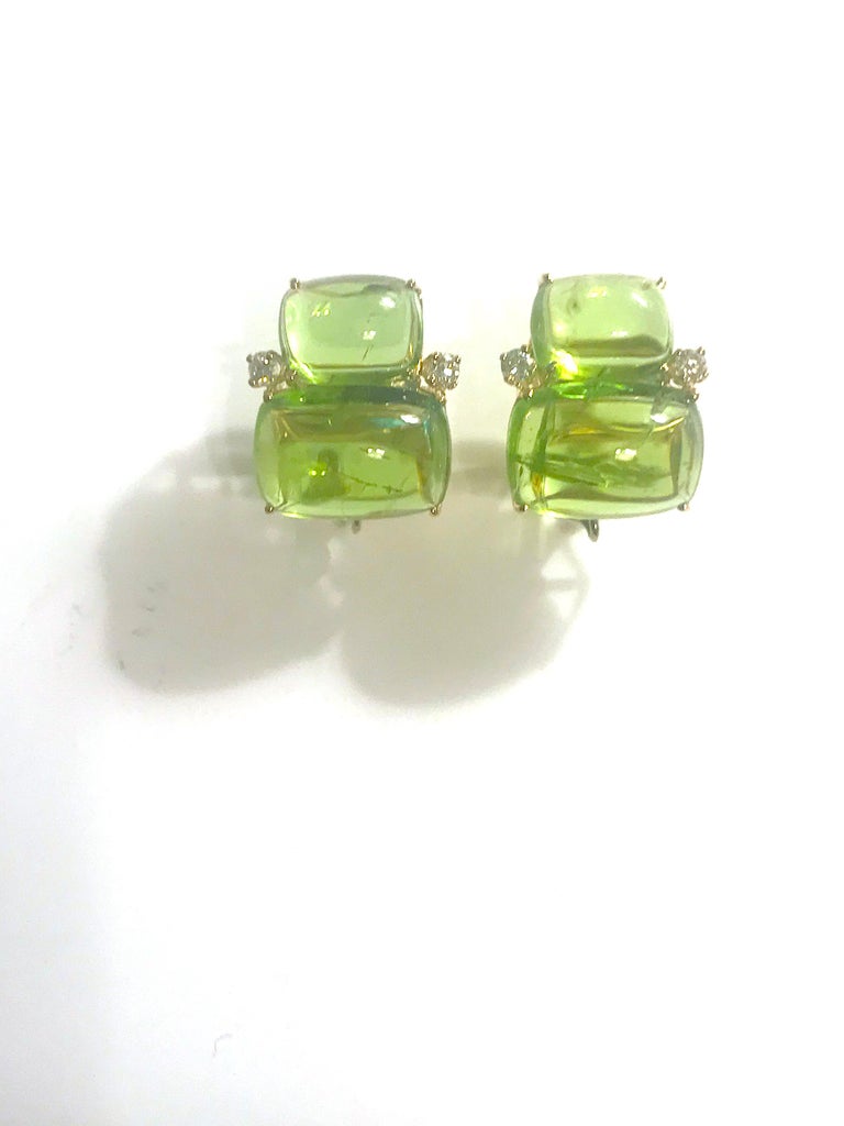 18Kt Yellow Gold Cushion Cut Cabochon Peridot Earrings with Diamonds