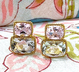 Morganite and Rock Crystal Rose Gold Three Stone Cushion Ring