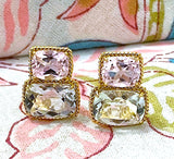 Morganite Iolite Gold Three Stone Cushion Ring