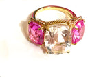 Pink Topaz and Rock Crystal Three Stone Ring with Rope Twist Border