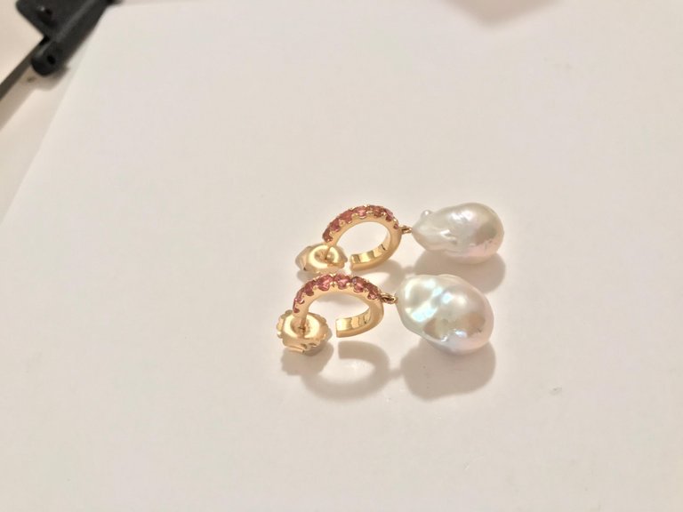 18kt Yellow Gold Pink Topaz Hoop with Dangling Baroque Pearl with Diamond Accent