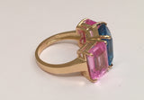 Bright Blue and Bright Pink Topaz Emerald cut three stone ring