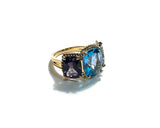 18kt Rose Gold Green Amethyst and Blue Topaz Three Stone Ring with Rope Twist Border