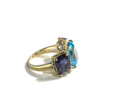 White Gold Blue Topaz and Iolite Three Stone Ring with Rope Twist Border