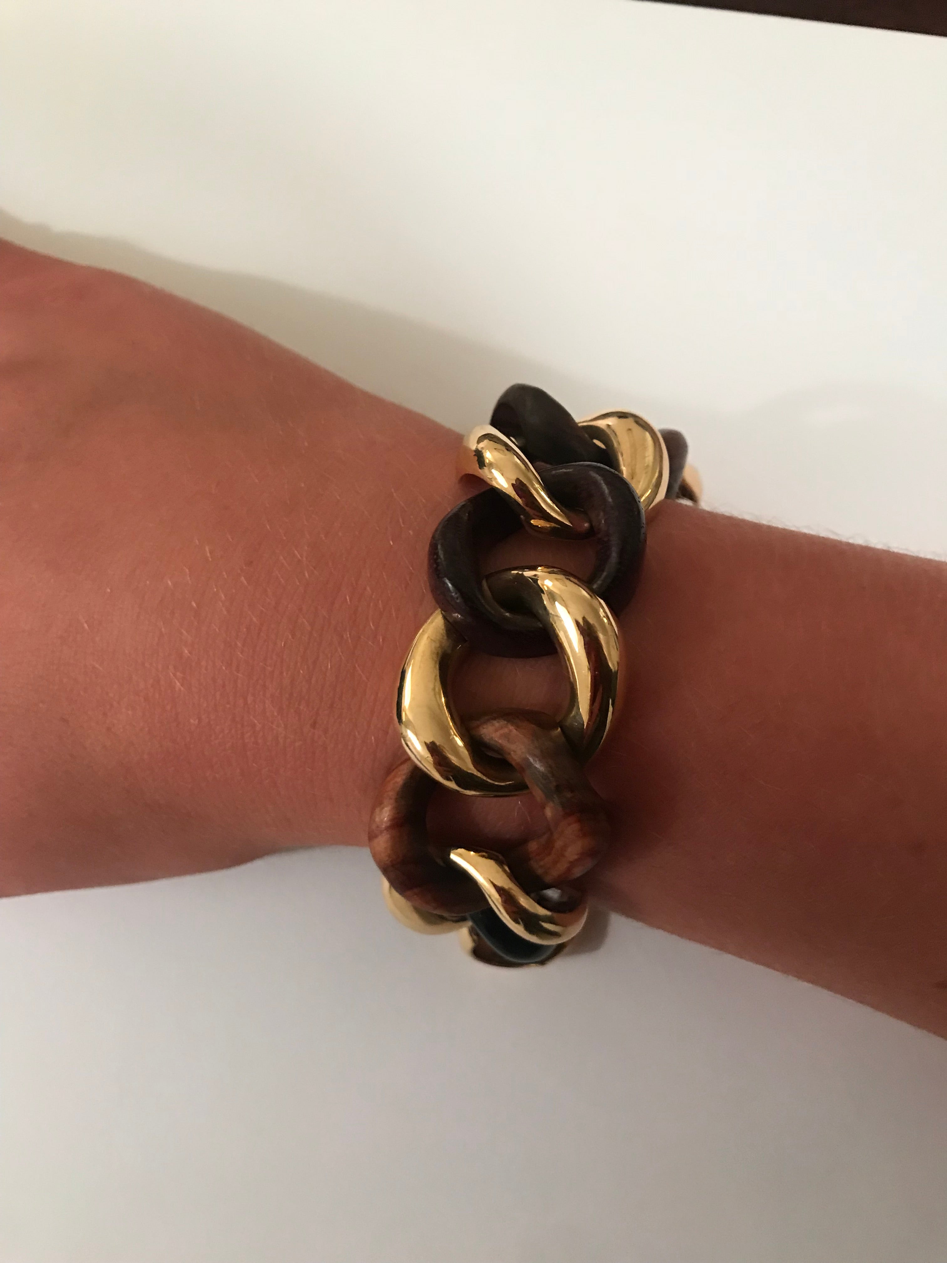 Alternating Multi Wood and Gold Curved Link Bracelet