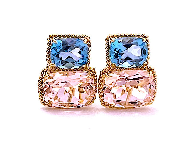18kt Yellow Gold Cushion Cut Earring with Rope Twist Border with Blue Topaz and Green Quartz