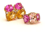 18kt Yellow Gold Medium Cushion Cut Earring with Rope Twist Border with Blue Topaz and Pink Topaz