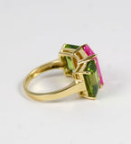 18kt Yellow Gold Emerald Cut Ring with Peridot and Pink Topaz