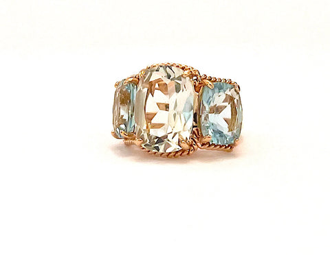 18ct Rose Gold Three Stone Green Amethyst and Blue Topaz Ring – Mallory