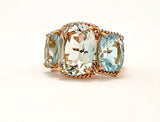 18kt Rose Gold Green Amethyst and Blue Topaz Three Stone Ring with Rope Twist Border