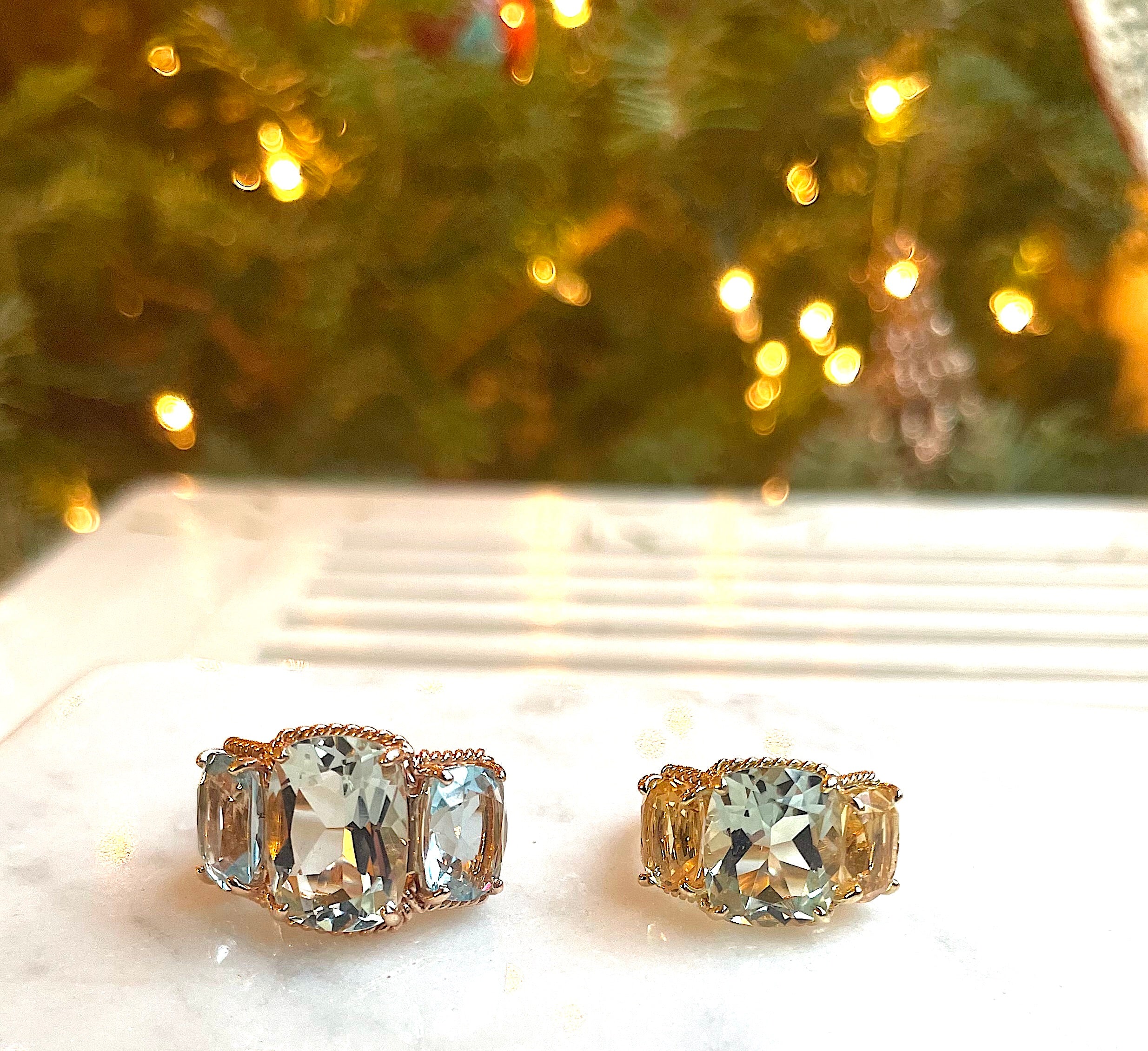 Mini Blue Topaz and Peridot Three Stone Ring with Rope Twist Border