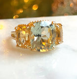 Mini Three Stone Ring with Rope Twist Border with Green Amethyst and Citrine