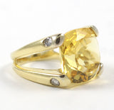 18kt Yellow Gold Large Cushion Ring with Citrine and Diamond