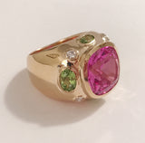 Bonheur Ring, Pink Topaz and Peridot and Diamond Yellow Gold Domed Ring