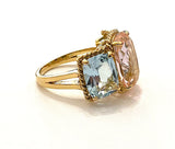 White Gold Blue Topaz and Iolite Three Stone Ring with Rope Twist Border