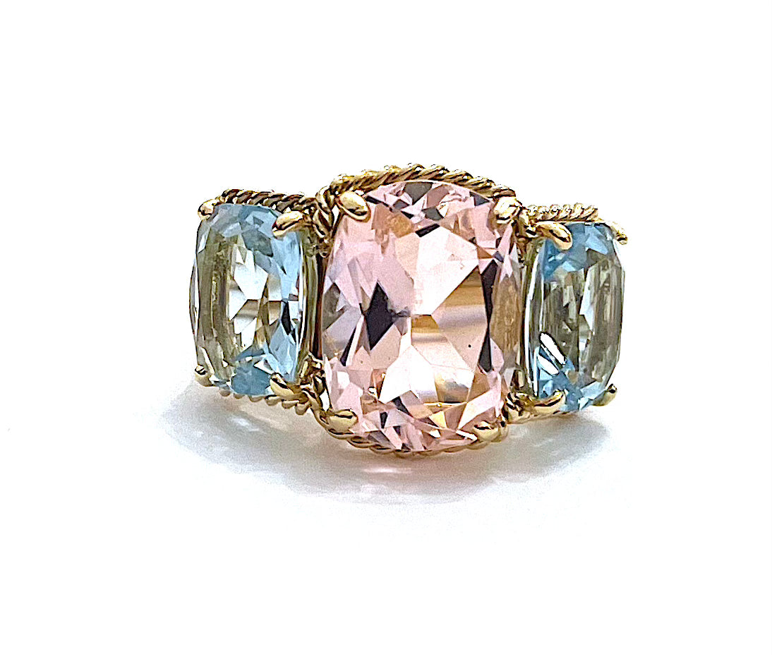 18kt Yellow Gold Cushion Cut Earring with Rope Twist Border with Blue Topaz and Green Quartz