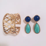 Elegant Lapis Turquoise Gold Rope Twist Edged Cushion Drop Earrings